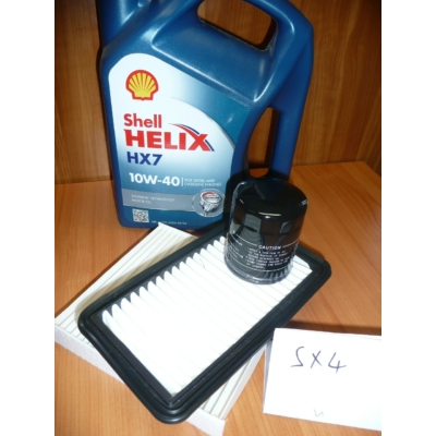 szervíz csomag szett olajcsere készlet SX4  Shell 10W40 4l.+ olajszűrő + levegőszűrő + pollenszűrő,  (olaj, motorolaj)